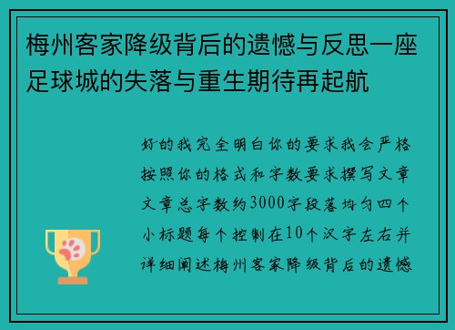 梅州客家降级背后的遗憾与反思一座足球城的失落与重生期待再起航