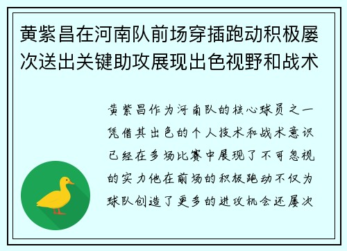 黄紫昌在河南队前场穿插跑动积极屡次送出关键助攻展现出色视野和战术意识