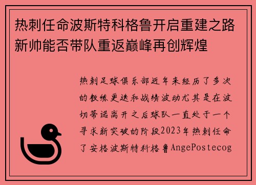 热刺任命波斯特科格鲁开启重建之路新帅能否带队重返巅峰再创辉煌